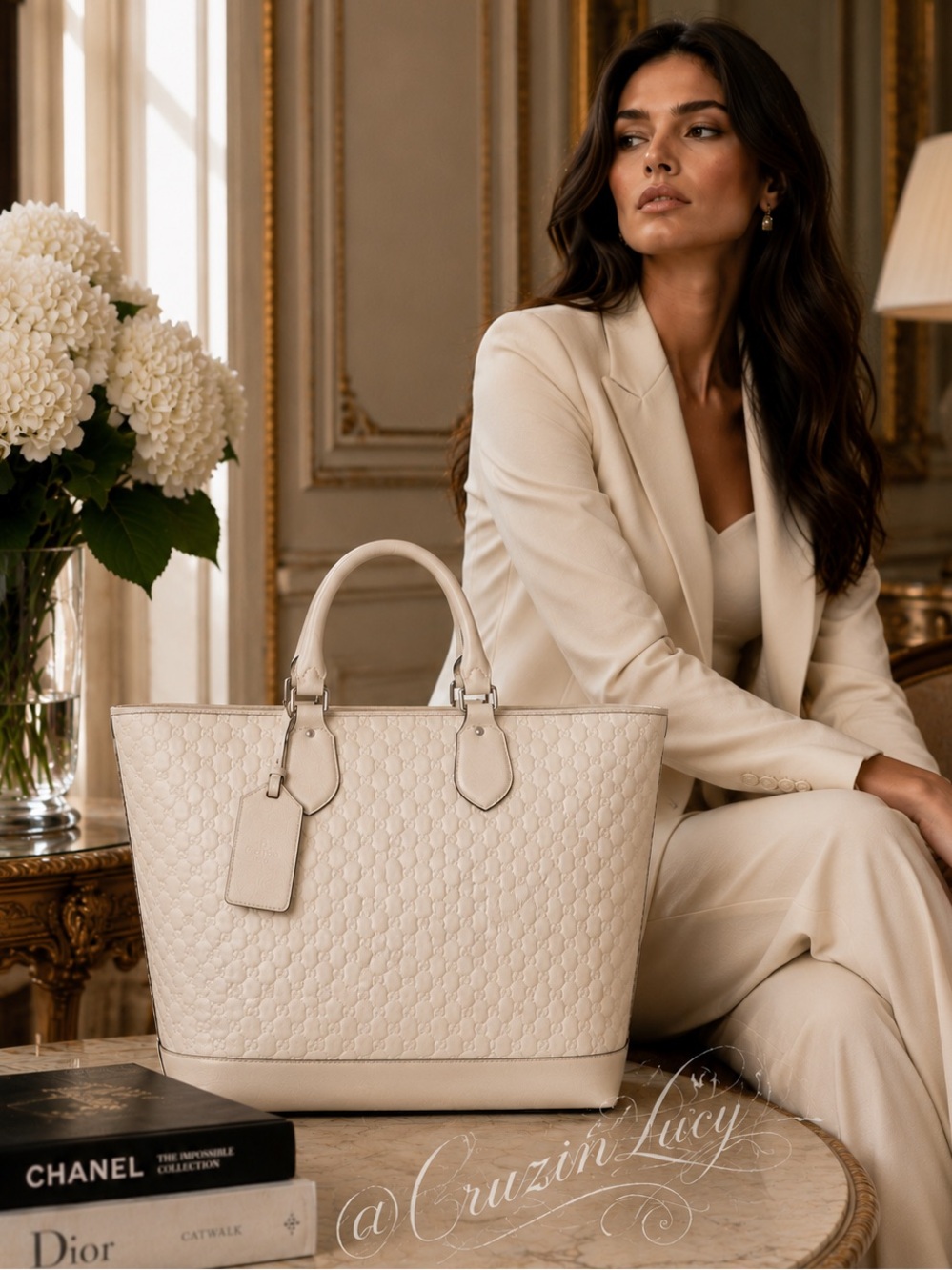 Authentic Gucci Guccissima Padded Embossed GG Leather Trim Large Tote Bag Ivory